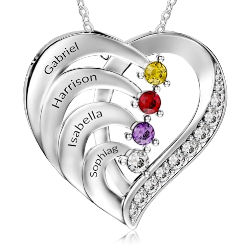 Easycosy Namenskette mit Gravur - personalisierte Kette mit 2 3 4 Namen Geburtssteinen Damen Herz Anhänger Halskette - liebevolle personalisierte Muttertaggeschenke für Mama, Oma zum Muttertag