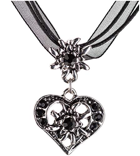 Trachtenkette elegantes Herz mit Strass und Edelweiss Anhänger Trachtenschmuck Kette für Dirndl und Lederhose Damen in vielen Farben (Schwarz)