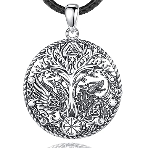 AEONSLOVE Lebensbaum Kette Wikinger Damen Herren Yggdrasil Odin Raben und Wolf Halskette Silber 925 Amulett Nordischer Wikinger Anhänger Talisman Rune Schmuck Glücksbringer Geschenke