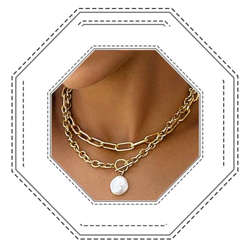 Jovono Punk-Perlen-Anhänger-Halsketten, geschichtet, Gold, kubanische Glieder-Halskette, Ketten, OT-Verschluss, Choker, stapelbare Halskette für Frauen, /