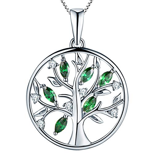 YL Lebensbaum Kette Damen-925 Sterling Silber Halskette mit Smaragd Stammbaum Anhänger Kette Weihnachtsgeschenke für Frauen Mädchen Mutter, Kettenlänge 45-48 CM