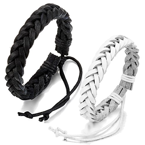 JewelryWe Schmuck 2 geflochten Leder Armbänder, Lederarmband Lederkette Armreif für Damen Herren Unisex, Schwarz Weiss 17-25cm Verstellbar, mit Geschenk Tüte