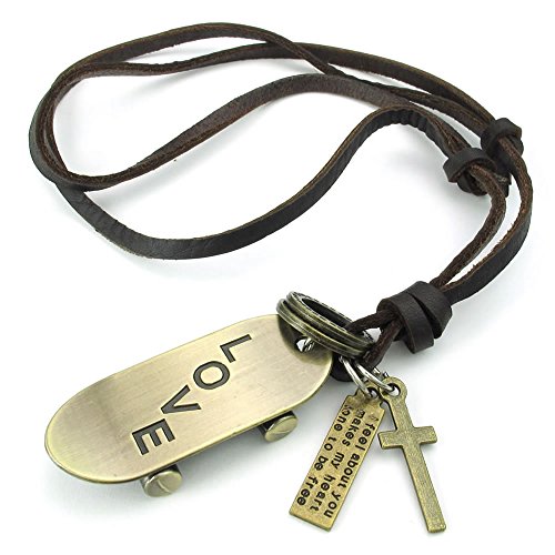 KONOV Herren Damen Love Skateboard Kreuz Anhänger Leder Halskette Kette, braun gold