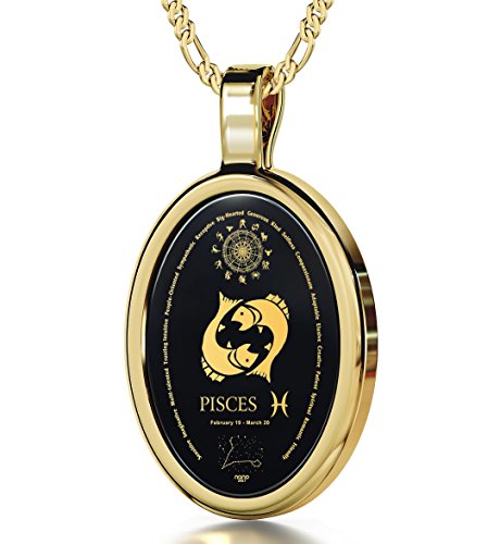 14k (585) Gelbgold Horoskop Halskette Sternzeichen Fische Graviert mit 24k Gold auf 15x21mm Schwarzem Onyx Anhänger, 45cm Gold-filled Kette