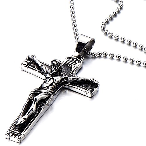 COOLSTEELANDBEYOND Gotik Kruzifix Kreuz Anhänger Herren Halskette aus Edelstahl mit 75cm Stahl Kugelkette