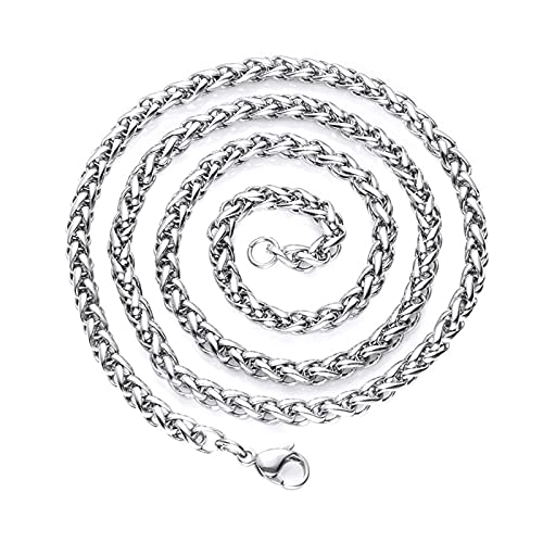 Mesnt Kette Herren Silber, Halskette Damen Silber, Ketten Edelstahl Schmuck, Edelstahl-Weizenketten-Halskette, 3mm Kette Silber 70cm