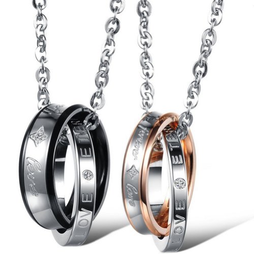 JewelryWe Paar Kette Edelstahl Freundschaftskette: 2 Partnerketten Pärchen Halskette Ringe Anhänger mit Gravur Forever Love Valentinstag Lieben Geschenk für Damen Herren Schwarz Rosegold Silber