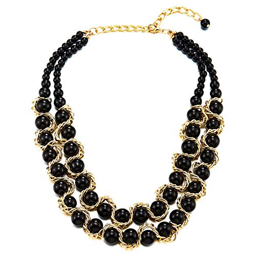COOLSTEELANDBEYOND Zwei-Schichten Choker Halsketten Choker Anhänger Schwarz Onyx Perlen Perlenschnur mit Gold Geflochtene Kette Halsketten