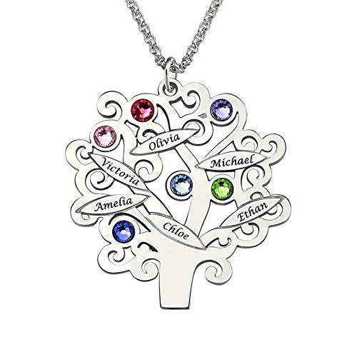 Namenskette Familie Lebensbaum mit Gravur 1 bis 6 Namen und Geburtsstein Personalisiert für Mütter Mama Oma in 925 Sterling Silber Rose Gold