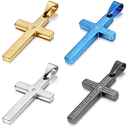JewelryWe Schmuck 4pcs Edelstahl Bibel Gebet Kreuz Anhänger mit 55cm Kette, Halskette für Herren Damen, Gold Silber Schwarz Blau