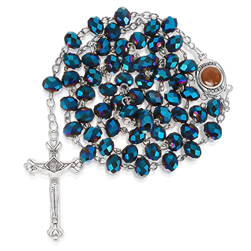 Yaomiao Blau Kristallperlen Rosenkranz Katholische Halskette Kreuz Rosenkranz Kugelkette Silber Kette Herren Damen Halsketten