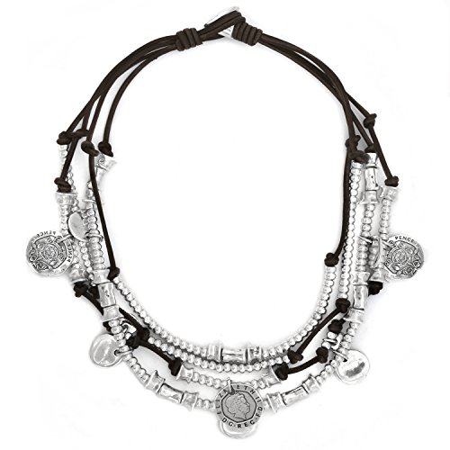 Beau Soleil Jewelry Lederkette mehrreihig mit Münzen Damen Halskette Leder im Ibiza Style (Braun)