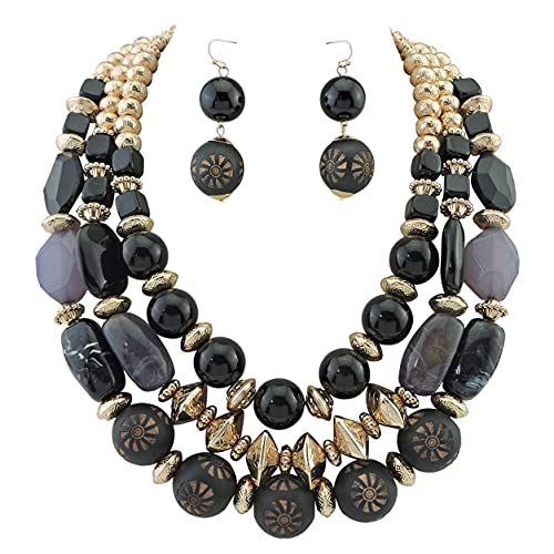 Bocar Boho 3 Layer Chunky Statement Perlenkette Mode Vintage Multilayer Frauen Kragen Halskette (625) (Black-Set)