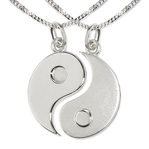 CLEVER SCHMUCK Partnerketten mit Yin Yang Ø 20 mm Partneranhänger geteilt, Kette Panzer je 45 cm Sterling Silber 925 im Etui weiß