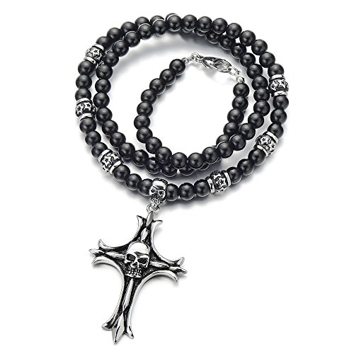 COOLSTEELANDBEYOND Biker Herren Schwarz Onyx Perlen Halskette mit Kreuz Schädel aus Edelstahl 71CM Lang