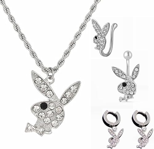 LKHJ Halskette Rabbit Bunny Anhänger Halskette Für Männer Frauen Weiße Halskette + Bauchnabelringe + Kaninchen-Ohrringe Aus Edelstahl,silberner Anzug