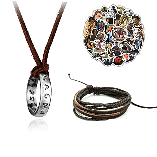 XHBTS Uncharted 4 Drake gravierte Ring-Anhänger-Halskette mit brauner Lederkette und Lederarmband und 20 Stück Uncharted wasserdichte süße Mode-Aufkleber