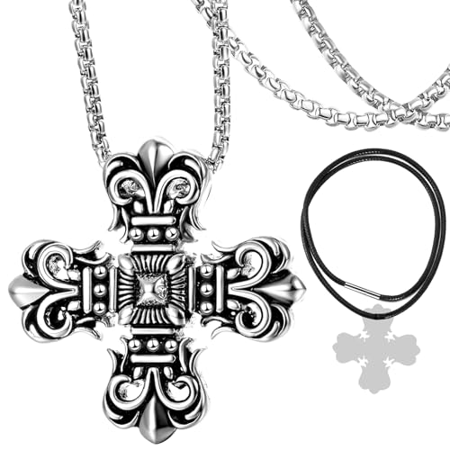 DXIUORF Gothic Vintage Kreuz Anhänger Halskette Edelstahl Unisex mit 2 Silber Kette 55-60cm, große Punk Kreuz Halskette Geschenk für Männer Jungen