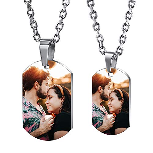 MeMeDIY Personalisierte Dog-Tag Halskette Gravur Foto/Name/Datum/Kalender mit Bild Anhänger Halskette für Männer Frauen Jungen Mädchen Paare Denkmal Edelstahl Liebesschmuck (Silber Farbe)