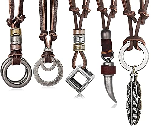 Milacolato 5Pcs Lederkette Herren Vintage Feather Cube Kette Halskette Einstellbar Leder Halskette für Herren mit Anhänger Schmuck Braun