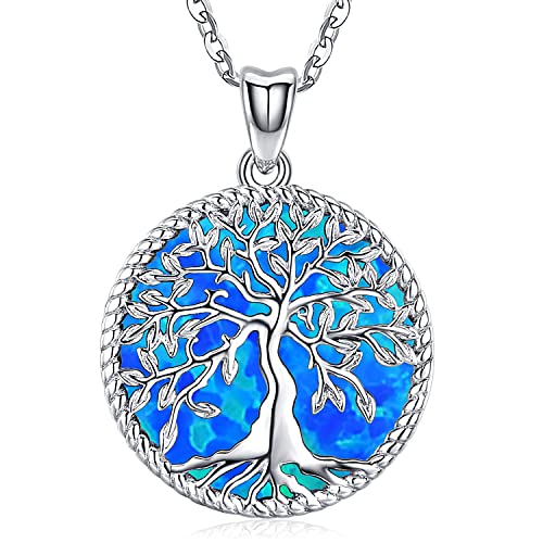 Friggem Baum des Lebens Halskette 925 Sterling Silber Lebensbaum Kette Anhänger Opal Halskette Schmuck für Frauen Mädchen Mama (B-Baum des Lebens Kette)