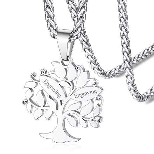 FaithHeart personalisierte Namenskette Damen Halskette mit Lebensbaum Anhänger Edelstahl Baum des Lebens mit 2 Namen Gravur