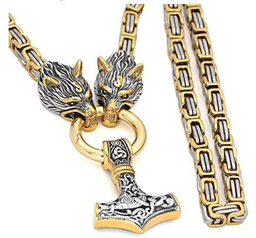 PRETTYROSARY VIKING KÖNIGSKETTE EDELSTAHL KETTE - GOLD WIKINGER SCHMUCK HALSKETTE HERREN THORS HAMMER EDELSTAHL GOLDENE KETTE WOLF KÖNIGSKETTE HERREN GOLD PUNK SCHMUCK mjolnir hammer punk (70 cm)