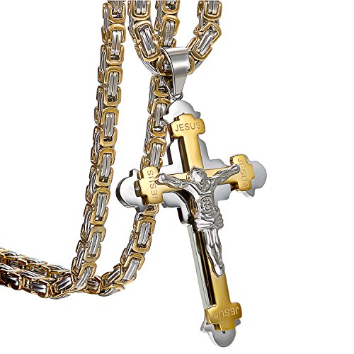 OIDEA Herren Kreuz Halskette Königskette: Gold Jesus Anhänger mit Königskette Kette Edelstahl Vintage Retro Biker Schwer Kruzifix Religiöser Schmuck Geschenk für Männer Vater Freund