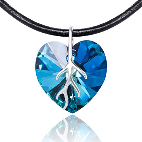 Damen Leder-Halskette Swarovski Elements Herz blau längen-verstellbar Schmuck-Beutel Geschenk für Freundin