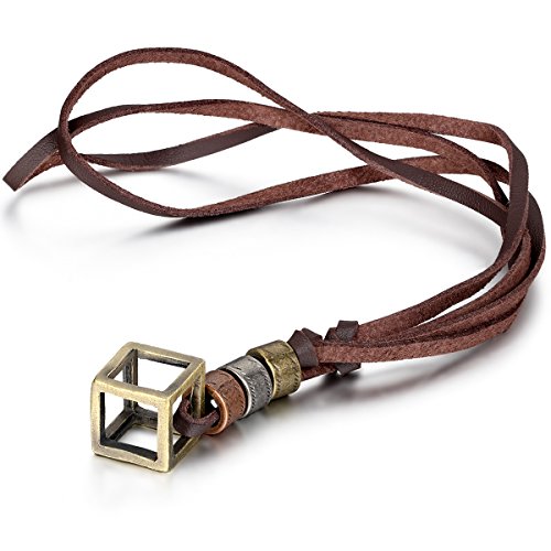 JewelryWe Schmuck Leder Kette mit Durchbohrtem Box Kasten, Ringen Anhänger, Braun Halskette für Damen und Herren, Verstellbare Länge 40cm-80cm