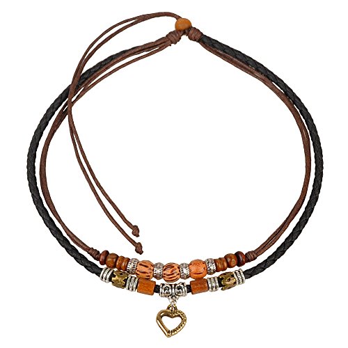 Ancient Tribe - Damen: Choker-Halskette aus Leder und Hanfkordel mit Herz-Anhänger und gemischten Perlen, unisex, braun, 35,5-63,5 cm, 4 mm breit, tribal, boishemisch, Perle, Legierung, Geschenk