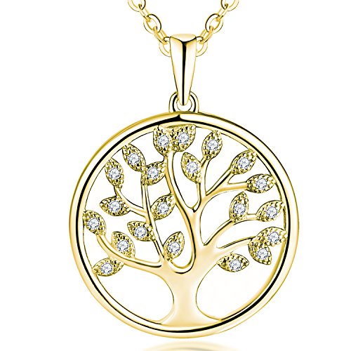 JO WISDOM Halskette Lebensbaum silber 925 baum des lebens Yggdrasil Anhänger Kette mit 3A Zirconia mit gelb vergoldet,Damen Schmuck,Schmuck für Frauen