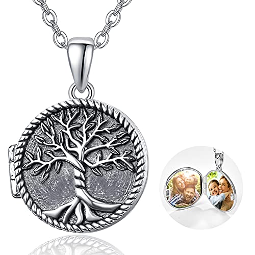 TANGPOET Lebensbaum Medaillon Halskette 925 Sterling Silber Abalone Baum des Lebens Foto Medaillons Kette mit Bild Foto Anhänger Geschenk für Frauen Mädchen Familie