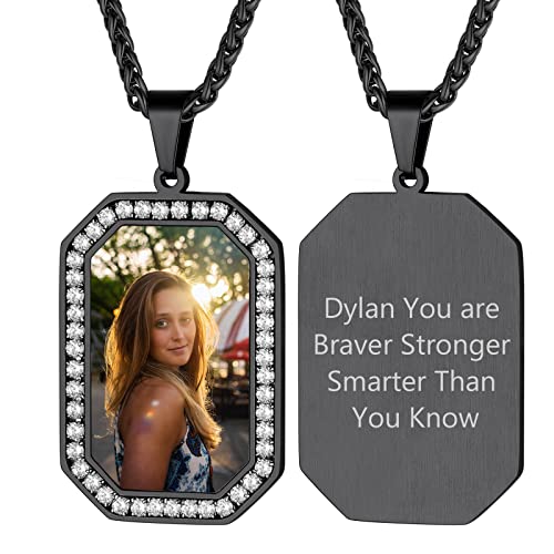 Supcare Edelstahl Damen Foto-Kette Personalisiert Dog Tags Halskette Vollzirkon Gravur Achteck Anhänger Name Text Militär Police Armee Casual Kette für Frauen Jungen mit Geschenkebox Achteck-Schwarz