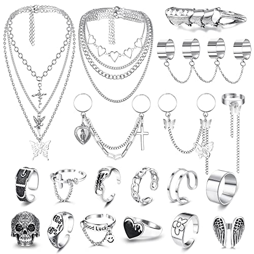 YADOCA Vintage Silber Kette Punk Fingerringe Geschichteten Choker Halskette für Damen Herren Hip Pop Goth Stapelbare Midi Ringe Set Verstellbare Emo Ringe Y2K Schmuck