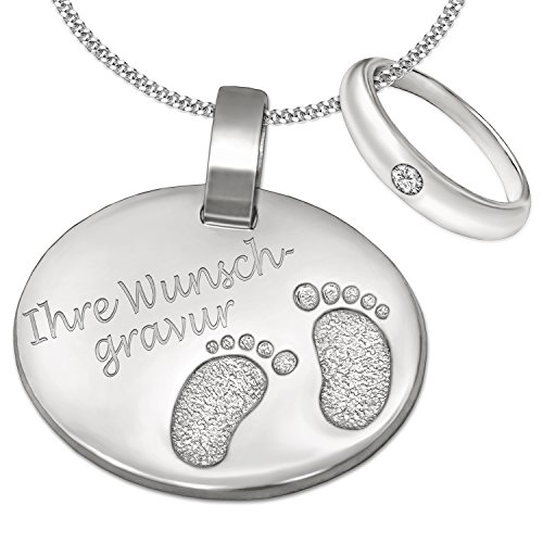 Clever Schmuck Set mit Gravur Anhänger oval inkl. Wunschgravur mit kleinen Füßchen inkl. Auswahl Kette & inkl. Auswahl Taufring mit Steinfarbe 925/- STERLING SILBER Taufgeschenk für Junge oder Mädchen