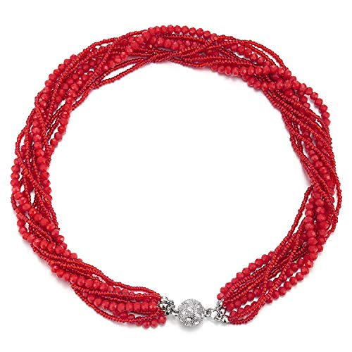 COOLSTEELANDBEYOND Rot Statement Halsketten Anhänger Multi-Schichten Perlen Kristall Geflochtene Kette Halsband Choker Magnetverschluss