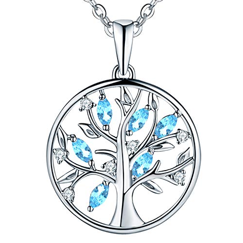 JO WISDOM Halskette Baum Des Lebens,Kette anhaenger silber 925 lebensbaum Familie Anhänger Halskette mit 3A Zirconia März Geburtsstein Aquamarin Farbe,Schmuck für Frauen Damen