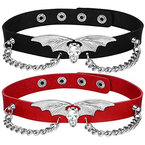 JewelryWe Schmuck 2pcs Gothic Leder Halsband Damen Punk Fledermaus Totenkopf Schädel Choker Halskette Halsreif mit Ketten Verstellbarer Choker Kragen Lederband Harness Halloween Schwarz/Rot