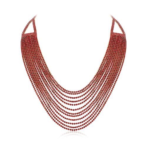 EVER FAITH Mehrschichtige klobige Halskette, Glitter Rot Gold-Ton Strass Wasserfall Mehrstrang Multi-Strand Ketten Statement Lätzchen Halskette lange Kette Modeschmuck