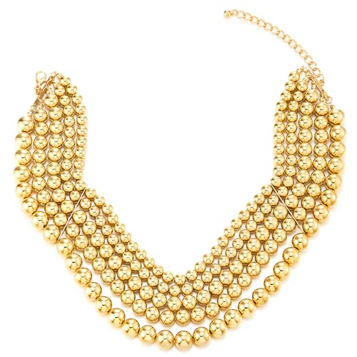 COOLSTEELANDBEYOND Statement Halsband Große Gold Perlen Halskette, Vier Geschichtet Wulst Schnur Gold Kette Halsketten
