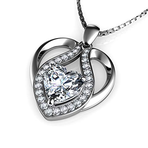 DEPHINI - Süße Halskette – 925 Sterling Silber – Herz-Anhänger mit Zirkonia-Kristallen – feiner Schmuck für Damen – 45,7 cm lange rhodinierte Silberkette – ein Zirkonia – Geschenke für Frauen