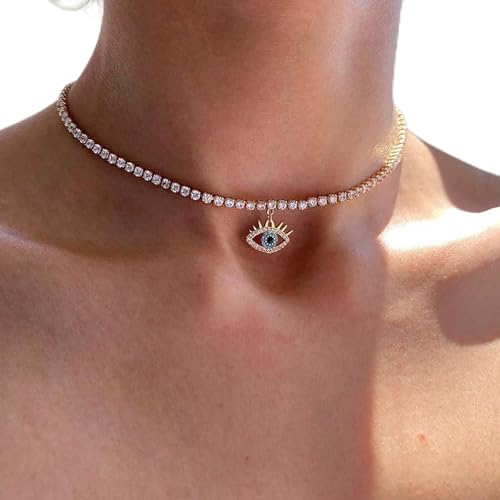 TseenYi Cz Bösen Blick Halskette Gold Strass Auge Choker Halskette Kristall Bösen Blick Anhänger Halskette Funkelnden Strass Cz Tennis Kette Halskette Kristall Halskette Schmuck Für Frauen Mädchen