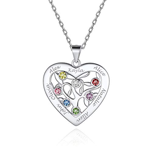 Custom4U Personalisierte Lebensbaum Kette Silber mit Gravur Edelstahl Herz Lebensbaum Anhänger mit 7 Namen und Geburtsstein Damen Frauen Namenskette Silber Familienbaum Halskette