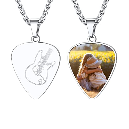 U7 Fotokette für Herren Plektron Gitarre Anhänger Musik Halskette Plektrum Kette mit Foto Gravur Name Kettenanhänger Photo Pendant Necklace Silberkette Gitarrenanhänger Modeschmuck für Mama