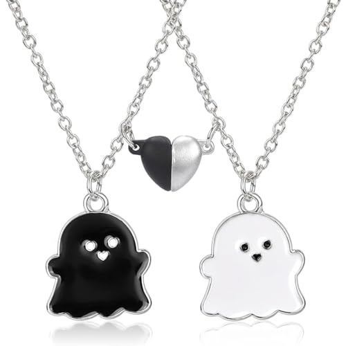 LEOEASIY 2 Stück Schwarz Weiss Geist Kette Herz Anhänger,Matching Necklace,Partner Kette,Halskette Damen Silber Freundschaftskette,Bff Kette für 2 Mädchen,Beste Freundin Geburtstagsgeschenk