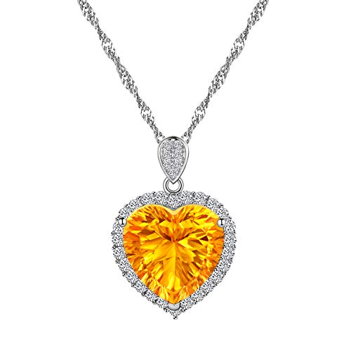 Uloveido Halskette mit Herz-Anhänger aus Sterlingsilber mit gelbem Citrin und violettem Amethyst, für Damen, mit rotgoldener Kette, FN016/FN107, Stein, Citrin
