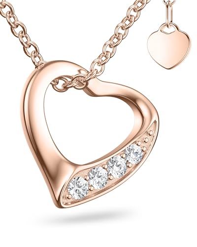 Amoonic *Herzkette Rosegold Zirkonia** Silber 925 vergoldet** Kette Zirkonia Damen Herzanhänger Herzchenkette Halskette Herz Goldkette Anhänger Frau Frauen FF02VGRSZIFA45-6