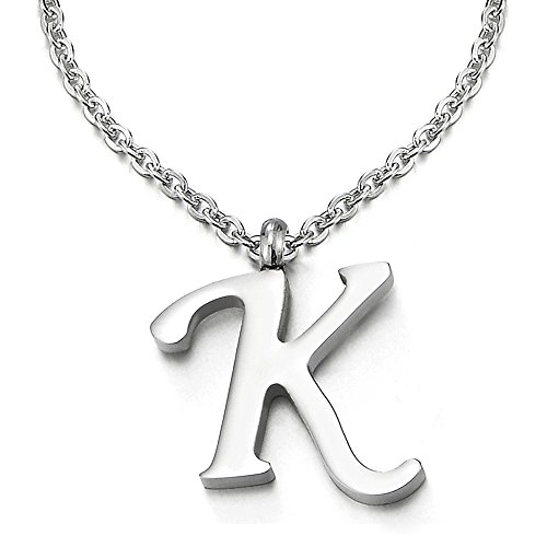 COOLSTEELANDBEYOND Name Initiale Alphabet Buchstaben A bis Z Anhänger Edelstah Halskette für Damen Herren mit 50cm Stahl Seil-Kette - K