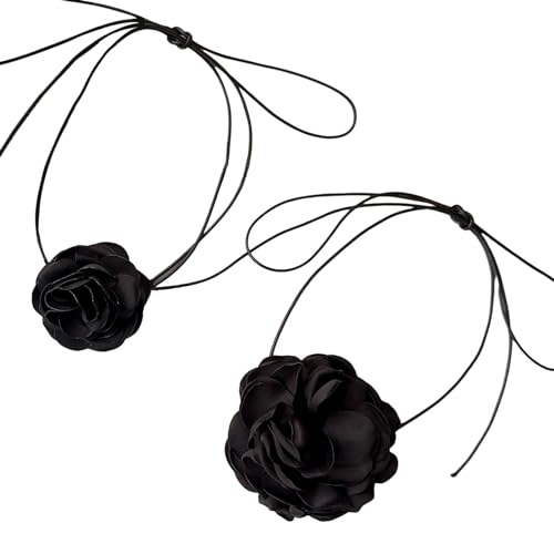 GYHWOFUL 2 Stück Schwarz Rosen Choker Kette Damen, Spitze Schlüsselbein Kette, Blumen Halsband für Frauen Mädchen Hochzeit, Party, Ball, Bankett (Durchmesser 5.5 cm & 8.5 cm)